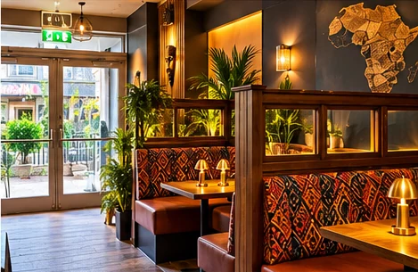 Private seating concept with upholstered booths and intimate lighting