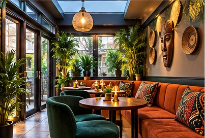 Lounge concept with emerald seating, warm wood and Nigerian-inspired artwork
