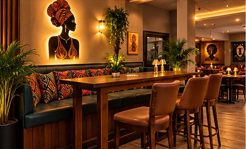 Social dining concept with African-patterned seating and warm light
